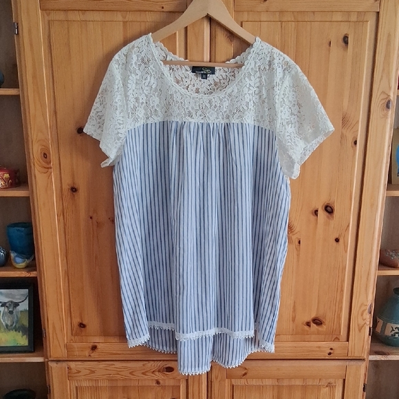 Suzanne Betro Tops - Suzanne Betro Delicate Lace Blue Cotton Cottagecore Blouse Plus Size 3X